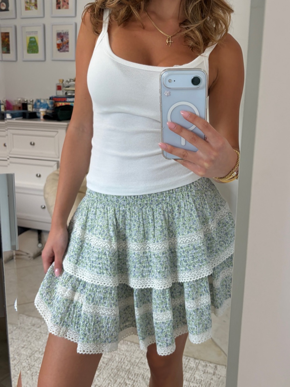 aerie Floral Tiered Mini Skirt in Light Green and White